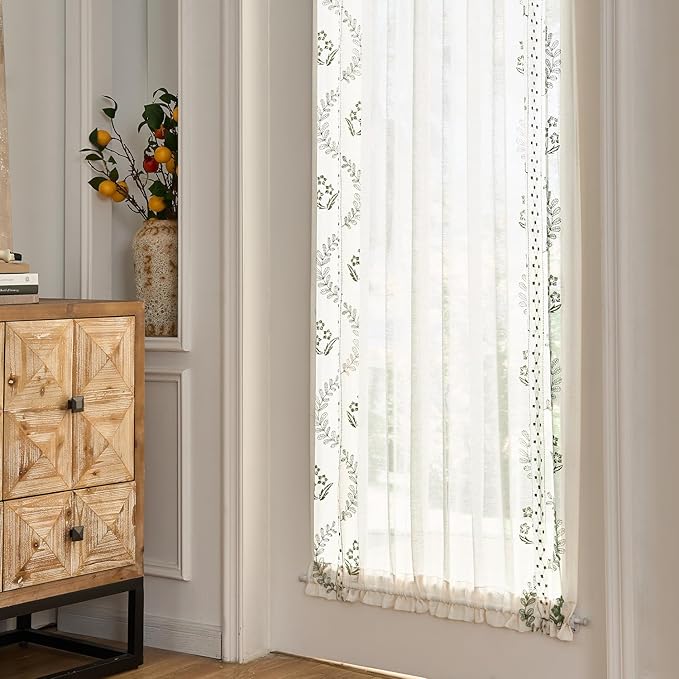 jinchan Belrose Sheer French Door Curtain Embroidered Decor Farmhouse Linen Curtain for Patio Light Filtering Door Window Closet 40 Inches 1 Panel Green on Beige