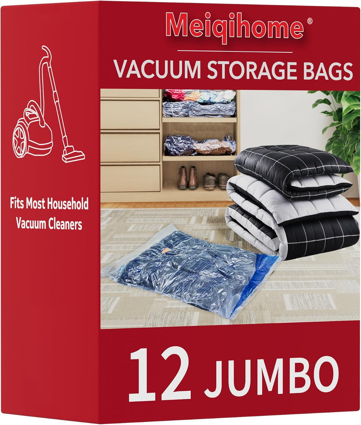 Vacuum Storage Bags, Space Saver Sealer Bags,Vacuum seal bags for clothing, Pillows, Comforters, Blankets, Bedding,Travel,12 Jumbo