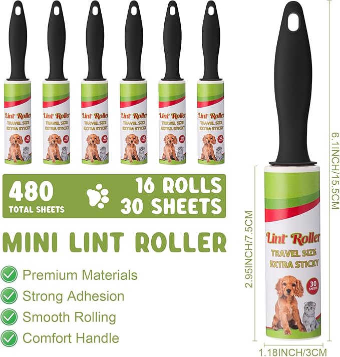 Hushee 16 Pcs Mini Lint Roller for Travel Small Lint Removers Bulk for Pet Hair and Clothes Small Size Removers Portable Sticky Removing Tool for Cleaning Furniture Dog Car Seat