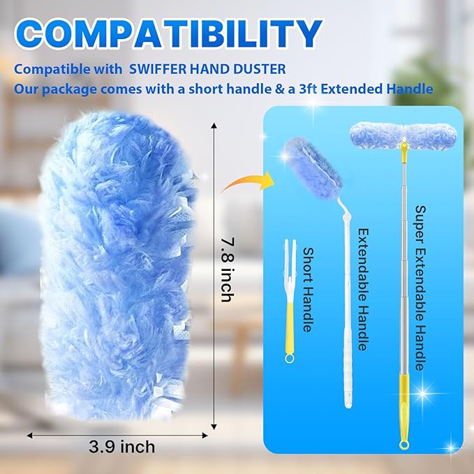 Duster Refill for Swiffer Duster, 50 Count Disposable Dusters Kit for Cleaning Dusting Furniture Blind Ceiling Fan, Multi Surface 360 Feather Duster + 3FT Extended Handle + Short Handle