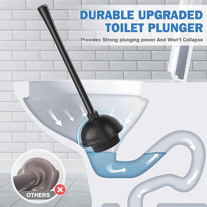 Toilet Plunger and Brush Set, Silicone Toilet Brush and Plunger with Holder for 5.7-inch Toilet Drain, 2-in-1 Toilet Brush Plunger Combo with Caddy Stand (Black)