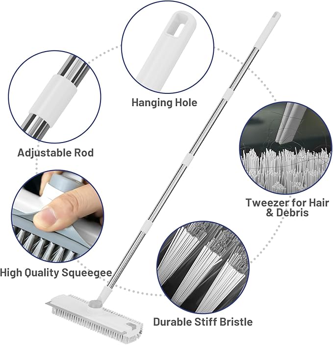 Floor Scrub Brush with Long Handle: 3 in 1 Heavy-Duty Floor Scrubber Brush with Squeegee for Cleaning Tile Bathroom Deck Kitchen Patio - White