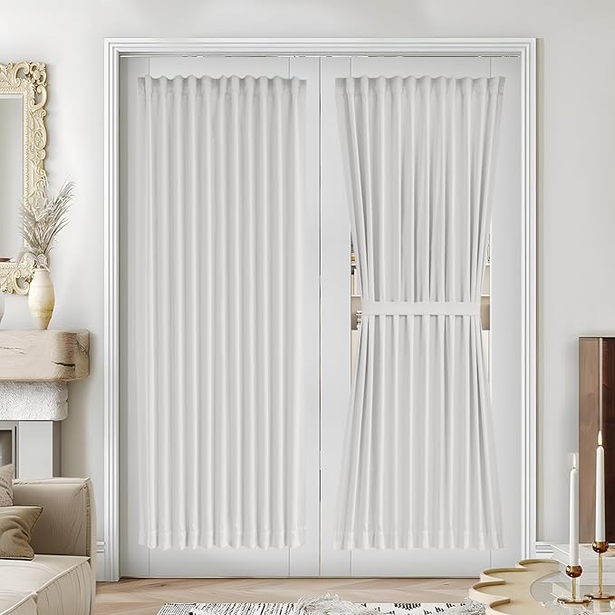 Vatge 50% Sunlight Blocking French Door Curtains - Rod Pocket Curtain Panel for Door Decoration, No Drill Rodless Blackout Drape, 1 Panel, W54 x L72, Greyish White