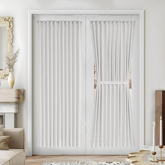 Vatge 50% Sunlight Blocking French Door Curtains - Rod Pocket Curtain Panel for Door Decoration, No Drill Rodless Blackout Drape, 1 Panel, W54 x L72, Greyish White