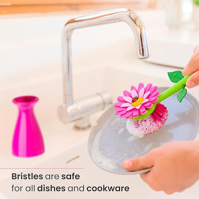 Vigar Flower Power Dish Brush with Handle and Vase Holder - Dish Scrub Brush for Dishes, Kitchen Scrub Brush, Dish Brush with Handle, Sink Cleaning Brush, Pot Scrubber, Dishwashing Brush - Pink