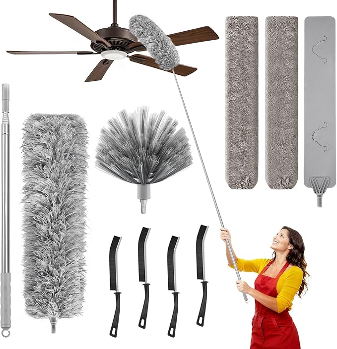 100-inch Duster with Extension Pole, 9-in-1 Cobweb Duster Kit Includes Spider Web Brush & Flat Gap Cleaner for High Ceiling, Fan, Under Appliances, Car, Home Deep Cleaning