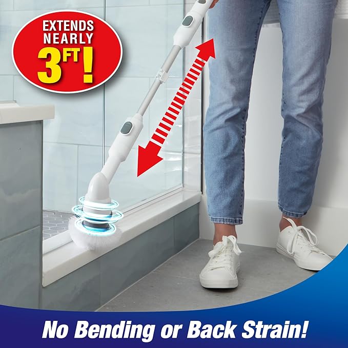 Voom Electric Spin Scrubber, Cordless Shower Spinning Brush with 2 Replaceable Brush Heads & Adjustable Handle, Rechargeable Spinning Brush for Cleaning Bathroom Tub, Floor & Wall Tiles, Car Wheels