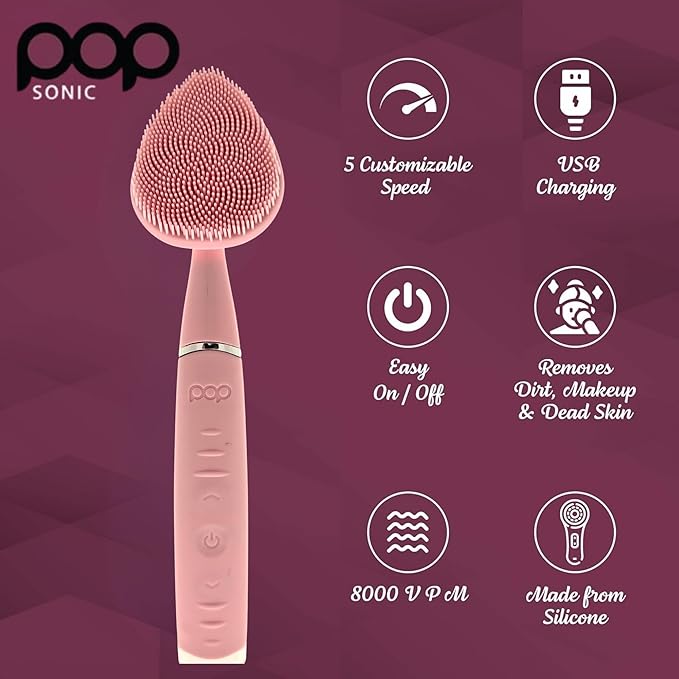Clover Facial Cleansing Device Pink Silicone Facial Cleaner & Exfoliator w/ 8000 Vibrations Per Minute, 5 Speeds, USB Rechargeable Face Cleaning Scrubber & Cleansing Brush with Case