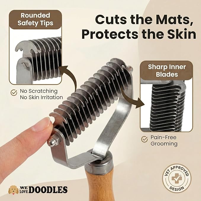 Pet Dematting Comb for Dogs and Cats with Wood Handle, Deshedding Undercoat Rake with Stainless Steel Blades, Pet Comb for Detangling Thinning and Shedding, All Hair Types [We Love Doodles]