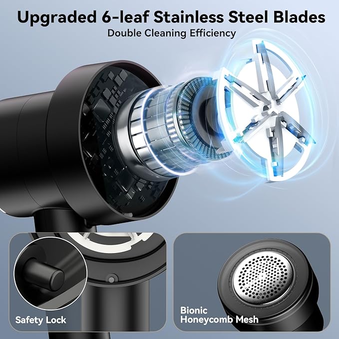 Rechargeable Fabric Shaver for Clothes: 6-Leaf Blades & 3 Speeds to Remove Pilling, Fuzz & Lint Balls - with LED Display, Portable Electric Lint Remover for Sweater, Couch, Blanket, Furniture