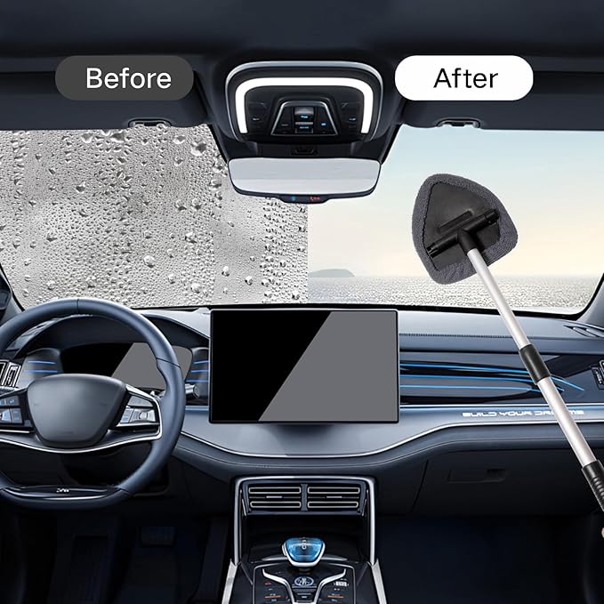 Qydipclin 10pcs Windshield Cleaner Tool, Car Window Cleaning Wash Kit with 4 Reusable Microfiber Pads 1 Spray Bottle and Extendable Handle Auto Glass Wiper Kit, Gray
