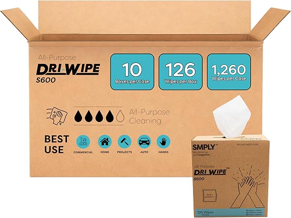 Dri-Wipe S600 by SMPLY Brands – All-Purpose Disposable Wipes, 10 Boxes of 126 (1,260 Total), Strong Alternative to Shop 