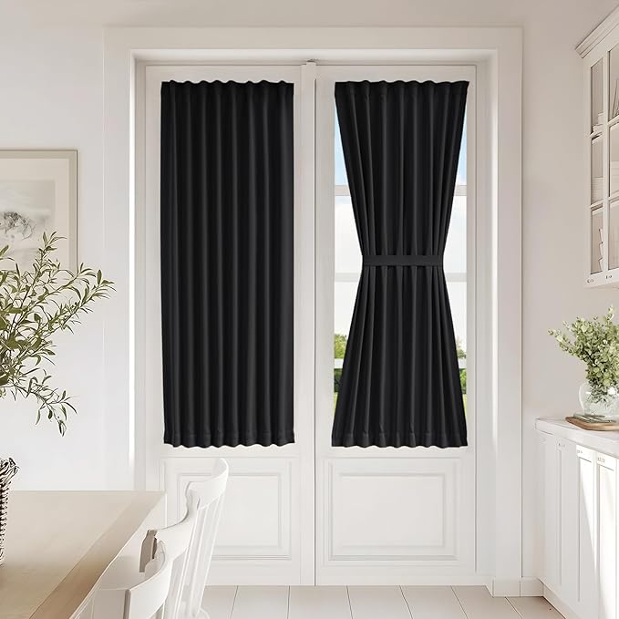 Vatge Front Door Curtains for Glass Window - Blackout Door Curtain Panel with Tieback for Living Room, 1 Panel, W25 x L54, Black