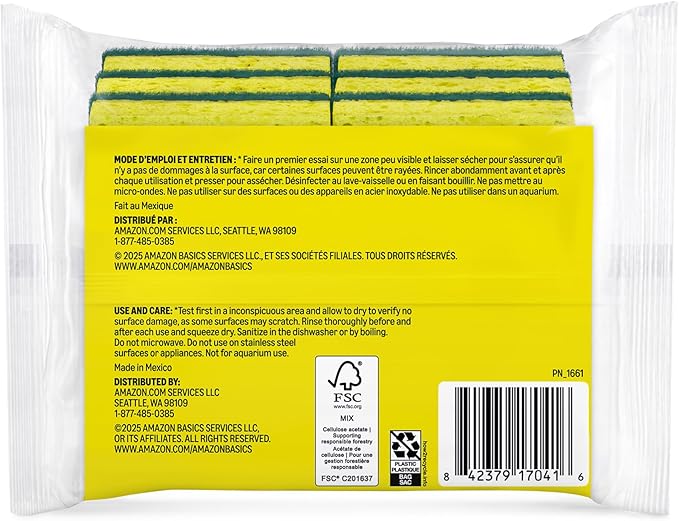 Amazon Basics Heavy Duty Dual-Sided Scrub Sponges, Reusable, 4.4 x 2.7 x 0.8 in, Yellow/Green, 6-Pack