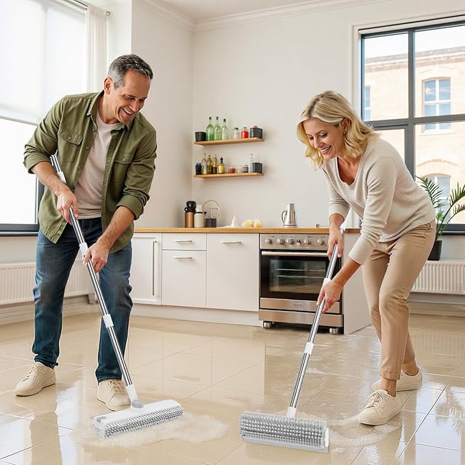 Floor Scrub Brush with Long Handle: 3 in 1 Heavy-Duty Floor Scrubber Brush with Squeegee for Cleaning Tile Bathroom Deck Kitchen Patio - White
