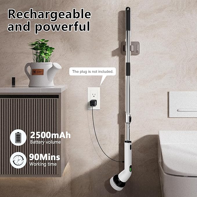 TUYU Electric Spin Scrubber, Full-Body IPX7 Waterproof Bathroom Scrubber,4 Replacement Head for Adjustable Extension Handle Electric Cleaning Brush for Bathroom, Tub, Tile