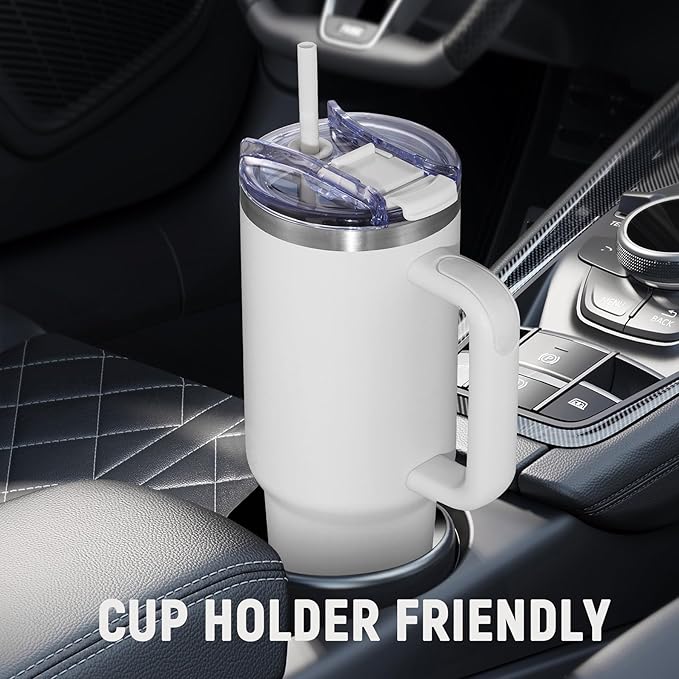 40 oz Tumbler with Handle and Straw Lid,Insulated Reusable Stainless Steel Water Bottle Travel Mug，Cupholder Friendly Double Wall Vacuum Sealed Cup (Cold White)