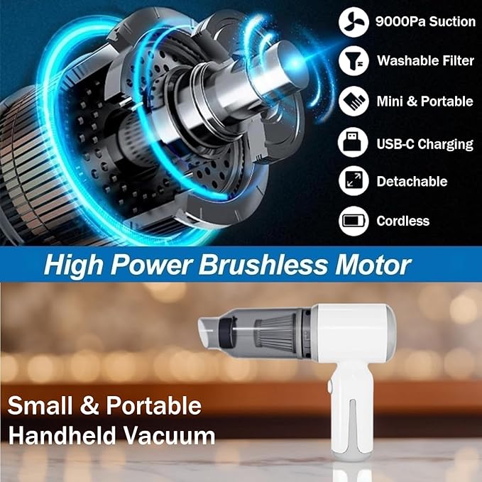 Mini Cordless Car Vacuum, Small Wireless Handheld Vacuum Cleaner 9000PA High Power Suction, Portable 3 in 1 Little Vacuum &Air Blower & Pump for Small Space at Home&Office