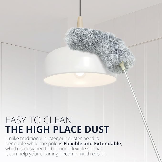 ZZ LAZYCOTTAGE Duster with Extension Pole & Flexible Head, Gray Feather Duster, Long Ddusters for Cleaning for High Ceilings, Walls, Fans, Cobweb and Furniture