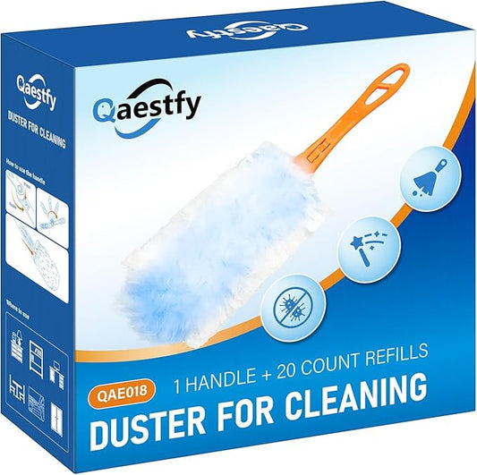 Qaestfy Dusters for Cleaning Dust 20 Count Refills 360 Fluffy Microfiber Hand Duster Kit with 14'' Rotatable Handle Unscented Cloths Pad for Multi-Surface Dusting (1 Handle + 20 Count)