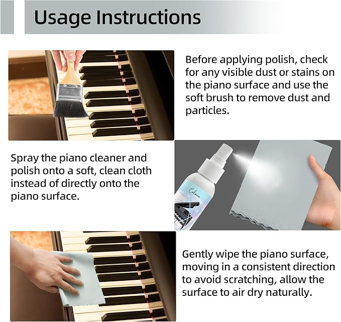 Calvana (2-Pack) 2-in-1 Piano Cleaner and Polish Kit, Includes 12x12 Microfiber Cleaning Cloth, Piano Accessories for Most Piano Surfaces, Grand Piano, Digital Piano, Baby Grand Piano, Violin, 4 OZ×2