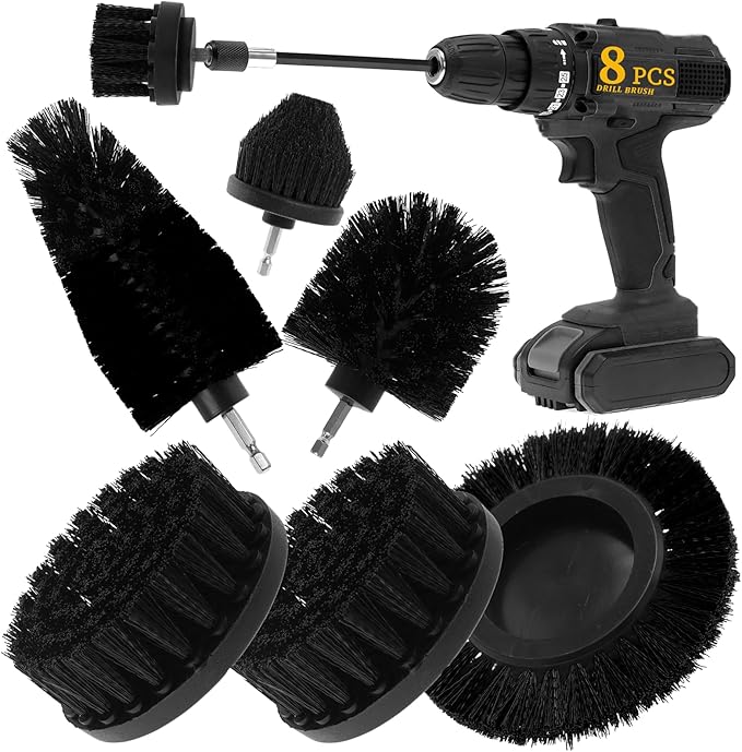 8 Pcs Drill Brush Attachment Set, Power Cleaning Scrub Brush Kit with Extend Long Attachment, All Purpose Drill Scrub Brushes for Car, Grout, Floor, Tub, Bathroom and Kitchen (Black)