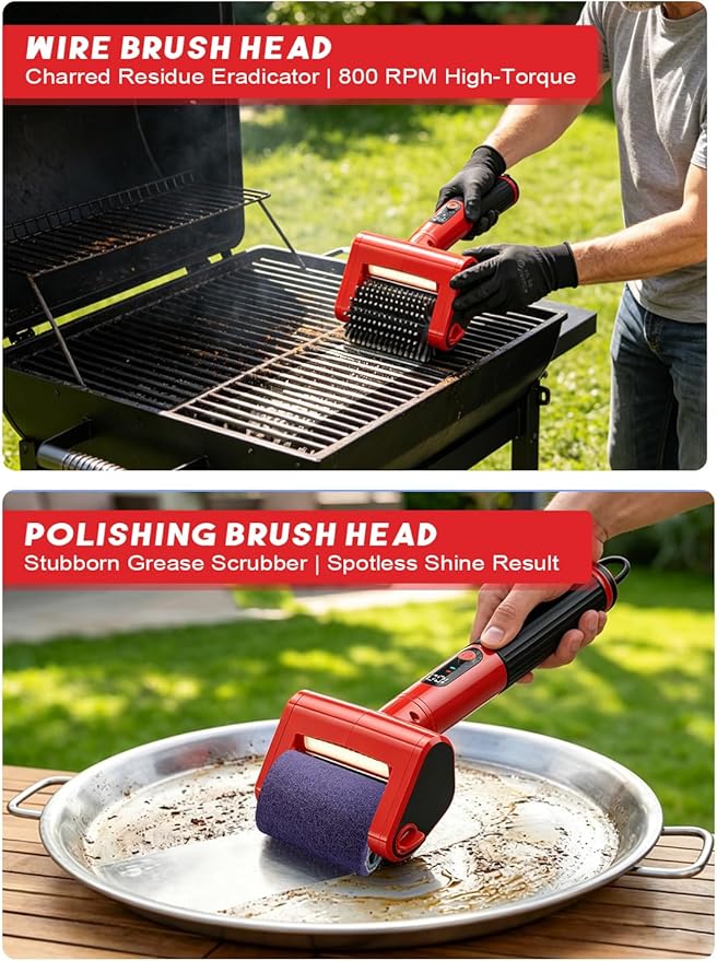 800 RPM Electric Grill Brush for Outdoor, 2-Speed High Power BBQ Cleaning Tool, 4000mAh Cordless Scrubber with LED Light, Non-Shedding Brush & 2 Scouring Pads for Gas/Charcoal/Weber Grates