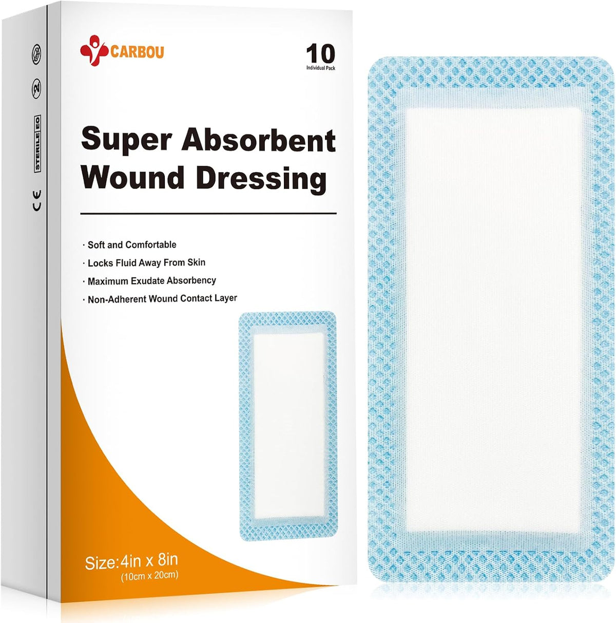 Super Absorbent Wound Dressing 4" x 8", 10 Pack, Non-Adhesive Pads