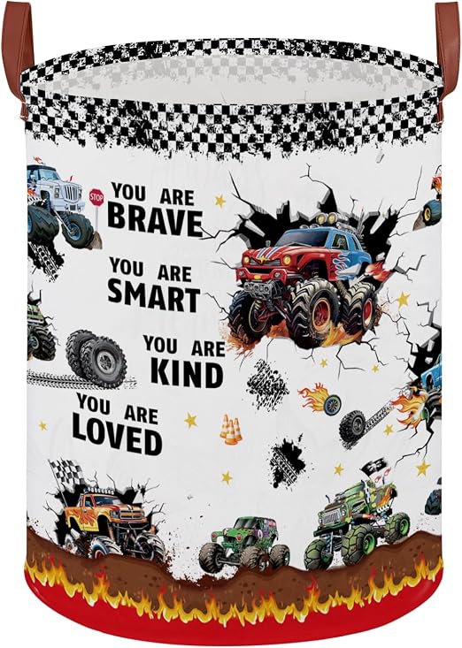Monster Trucks Laundry Hamper Basket Kid Gift Toy Bin Empty Car Nursery Decor Hamper,Storage Basket Collapsible Clothes 