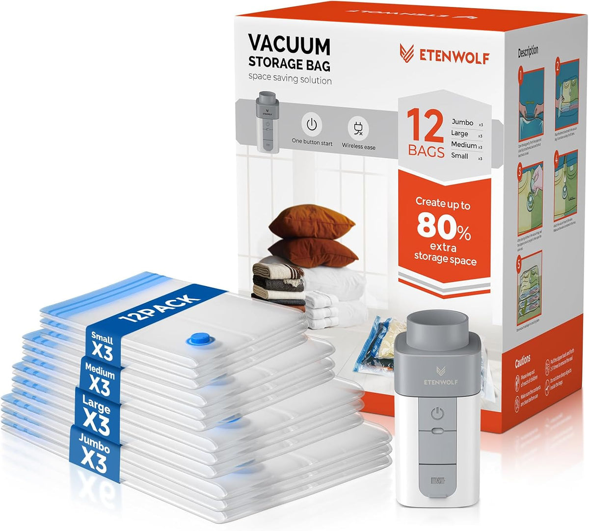 12 Combo Vacuum Storage Bags for Travel with Wireless Pump
