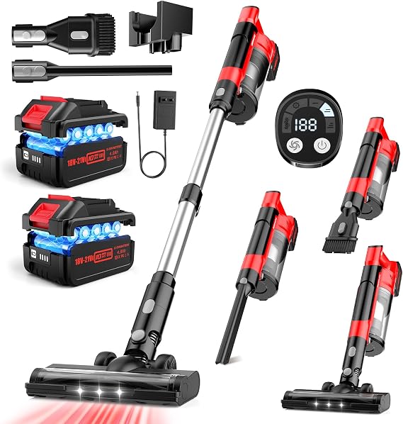 700W Cordless Vacuum Cleaner, 2×4000mAh Brushless Vacuum Cleaners for Home, 6 in 1 Lightweight Stick Vacuum 60kPa, 3 Suction, Portable Handheld Cordless Vacuum for Pet Hair/Hardwood Floor/Dorm Red - Cleanova