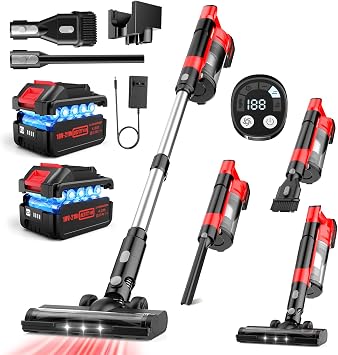 700W Cordless Vacuum Cleaner, 2×4000mAh Brushless Vacuum Cleaners for Home, 6 in 1 Lightweight Stick Vacuum 60kPa, 3 Suction, Portable Handheld Cordless Vacuum for Pet Hair/Hardwood Floor/Dorm Red - Cleanova