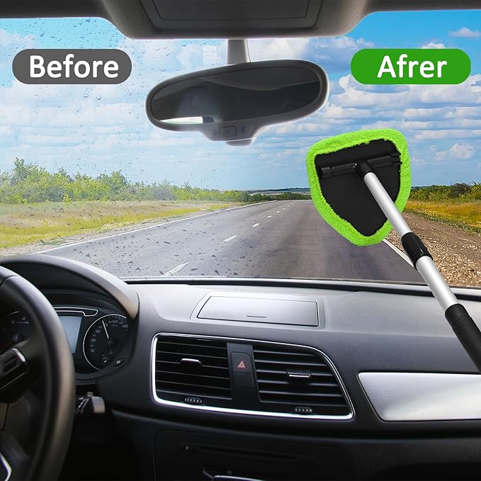 Beieverluck 20 Pieces Windshield Cleaner Tool, Inside Car Windshield Cleaning Tool with 12 Microfiber Pads, 4 Spray Bottle, and Extendable Handles Car Window Cleaning Tool Kit, Green