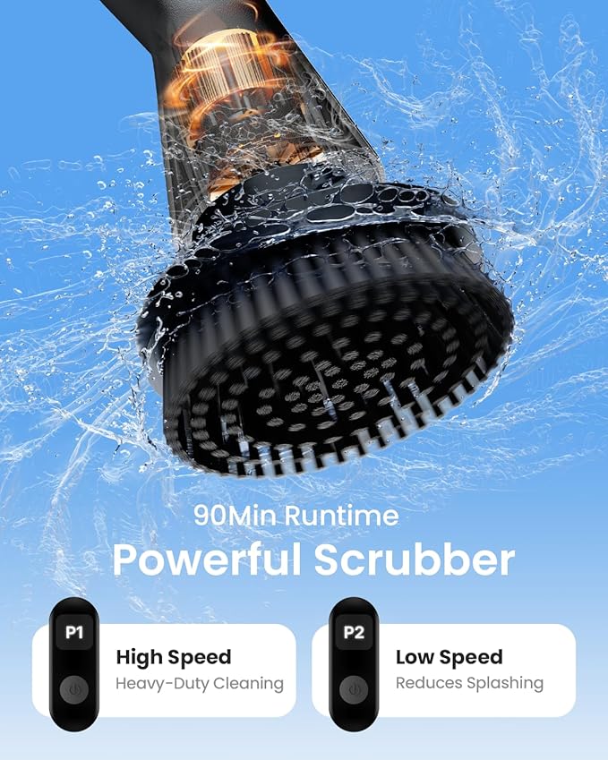Leebein Electric Spin Scrubber, Cordless Cleaning Brush for Bathroom Shower Tub, IPX7 Waterproof Power Scrubber with 7 Brush Heads, Extendable Long Handle and 2 Speeds Scrubber for Bathtub Floor