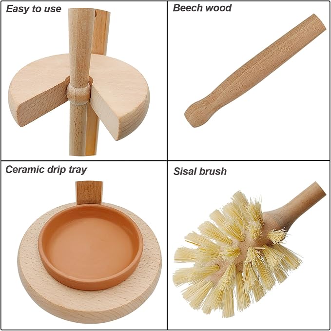 CRAKTH Wood Toilet Brush and Holder Set, Beechwood Toilet Bowl Cleaner Brush for Bathroom, Sisal Bristles Toilet Scrubber with Stand