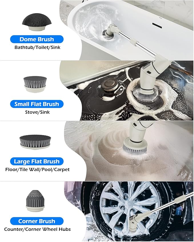 Electric Spin Scrubber Cordless Shower Cleaning Brush with 10 Replaceable Heads Powerful IPX7 Waterproof Bathroom Cleaner 3 Speeds Detachable Long Handle Voice Broadcast for Floor Car Kitchen