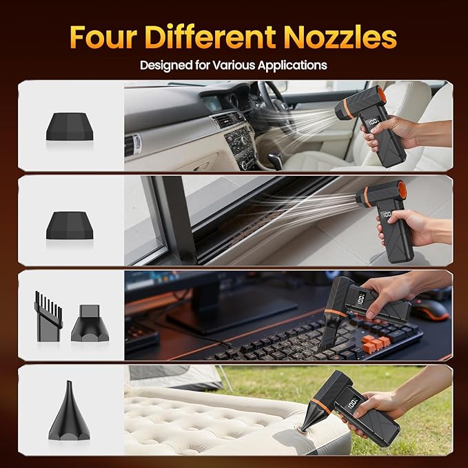 Dzaki Compressed Air Duster & Vacuum 2-in-1, 140000RPM Electric Air Duster, 4-Gear Adjustable Rechargeable Cordless Mini Dust Blower with LED Light Fast Charging for Keyboard PC Car Home Outdoor