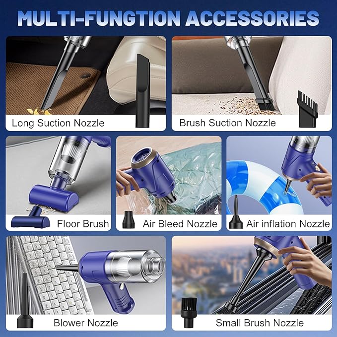 Handheld Cordless Car Vacuum Cleaner 16000Pa 4-in-1 Portable Vacuum & Air Duster with LED Light 120W High Power - Multi Nozzles for Pet Hair, Home, Office, Car - Rechargeable and Dual Filters