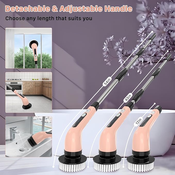 Electric Spin Scrubber with 7 Replaceable Brush Heads, 2-Speed Power, Extendable Handle up to 54 Inch – Bathroom, Shower, Bathtub, Tile & Kitchen