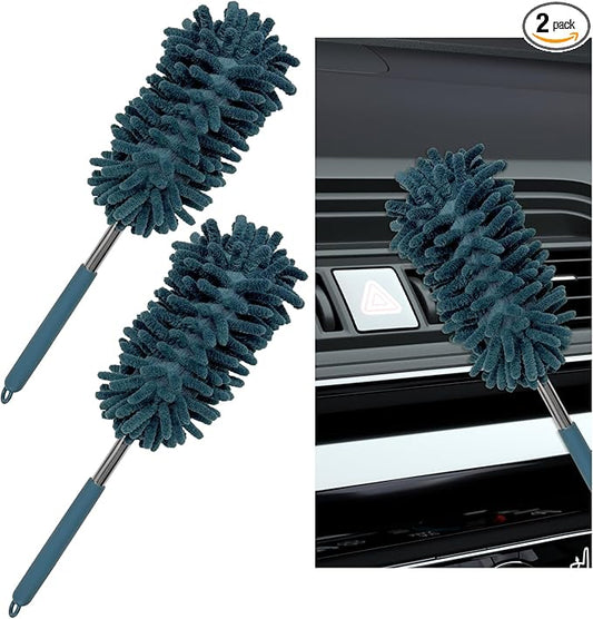 2PCS Car Interior Duster with Extension Pole, 11.8 to 30.5 Inch Retractable Dusters Washable Car Interior Cleaning Brush, Soft Scratch-Free Chenille Auto Dash Vent Window Duster (Navy Blue)