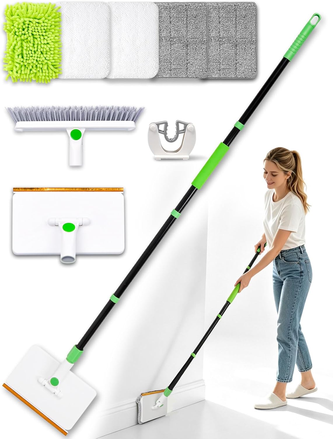 4-in-1 Baseboard Cleaning Tool with 60" Extendable Handle Brush