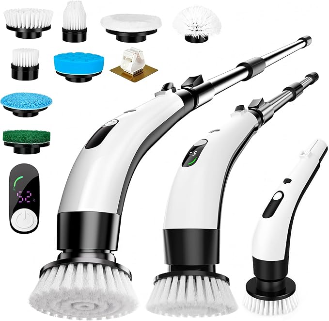 Cordless Electric Spin Scrubber with 8 Brush Heads Power Handheld Scrubber Cleaning & Shower with Adjustable Handle, IPX7 Waterproof for Shower Tile Grout Tub Tile Floor Bathroom Cleaning