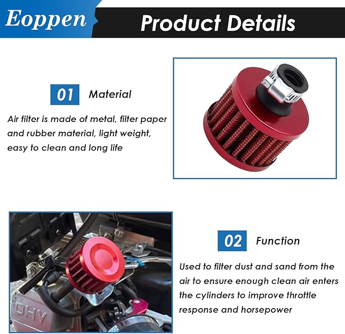 2Pcs 12mm Air Filter Mini Universal Vent Crankcase Cold Air Intake Breathe Filter for Car and Motorcycle (Red)