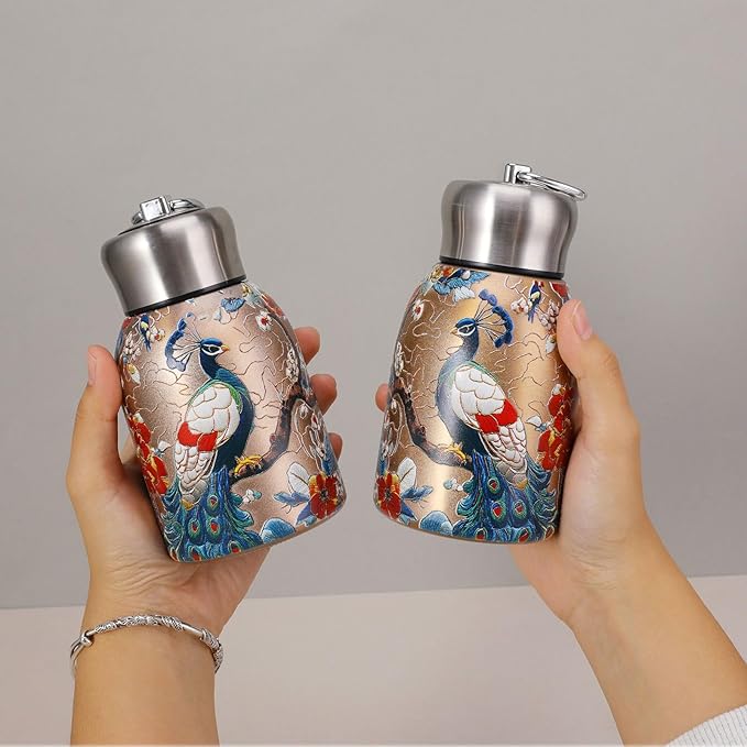 Mini Stainless Steel Thermal Bottle Small Vacuum Insulated Water Bottle, Portable Leakproof Sport Tumbler Cup Hot and Cold Travel Mug 10 oz (GoldPeacock)