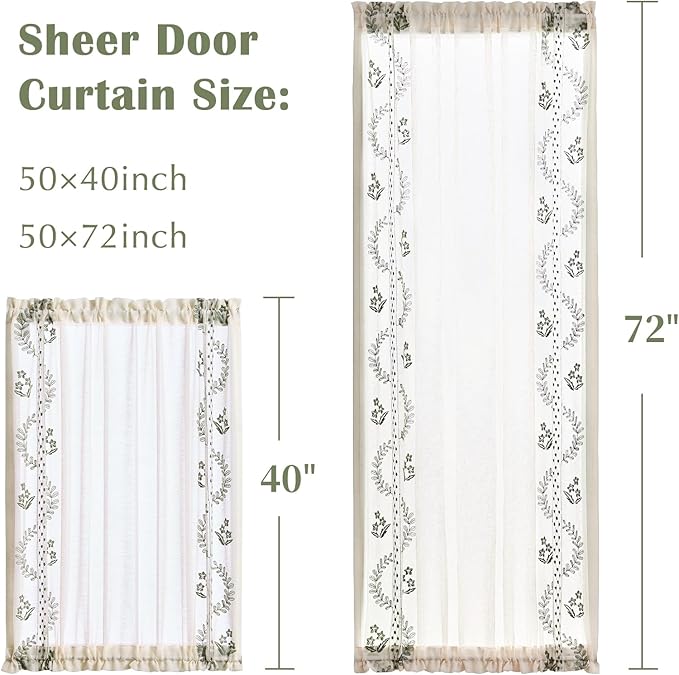 jinchan Belrose Sheer French Door Curtain Embroidered Farmhouse Linen Curtain for Patio Light Filtering Door Window Closet 72 Inches 1 Panel Green on Beige