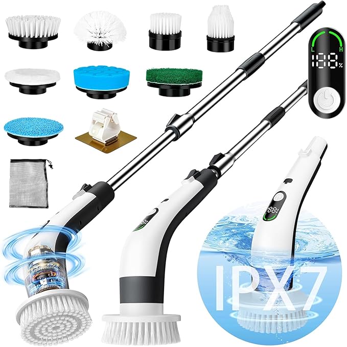 Cordless Electric Spin Scrubber with 8 Brush Heads Power Handheld Scrubber Cleaning & Shower with Adjustable Handle, IPX7 Waterproof for Shower Tile Grout Tub Tile Floor Bathroom Cleaning