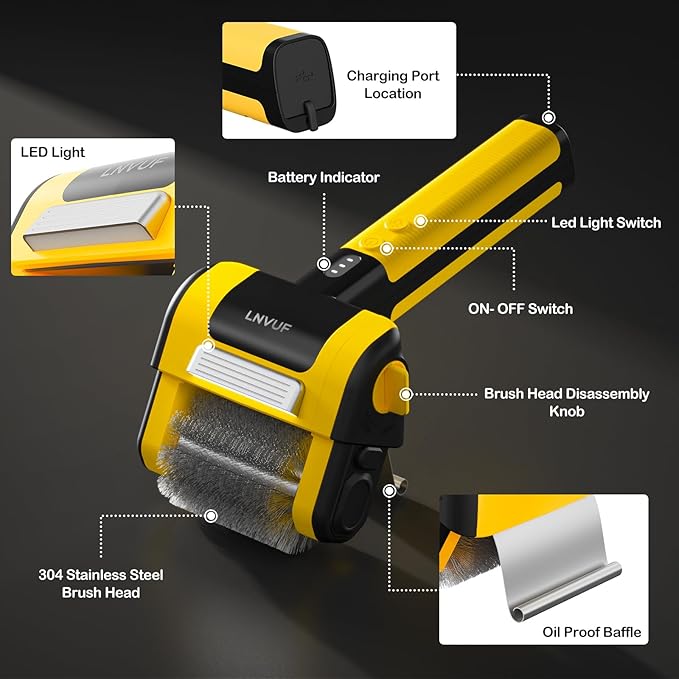 Electric Grill Brush, Grill Cleaner with LED Light, with 800 RPM Motor, 304 Removable Stainless Steel Brush Head, Cordless & Type-C Rechargeable for BBQ, Heavy Duty Grill Cleaning Tool (Yellow)