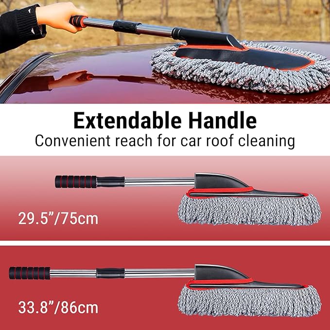 YeewayVeh Car Duster Exterior Scratch Free Microfiber Car Cleaning Brush, Extendable Handle Pollen and Dust Brush for Truck, SUV, Vehicles and Home Cleaning, Gray and Red