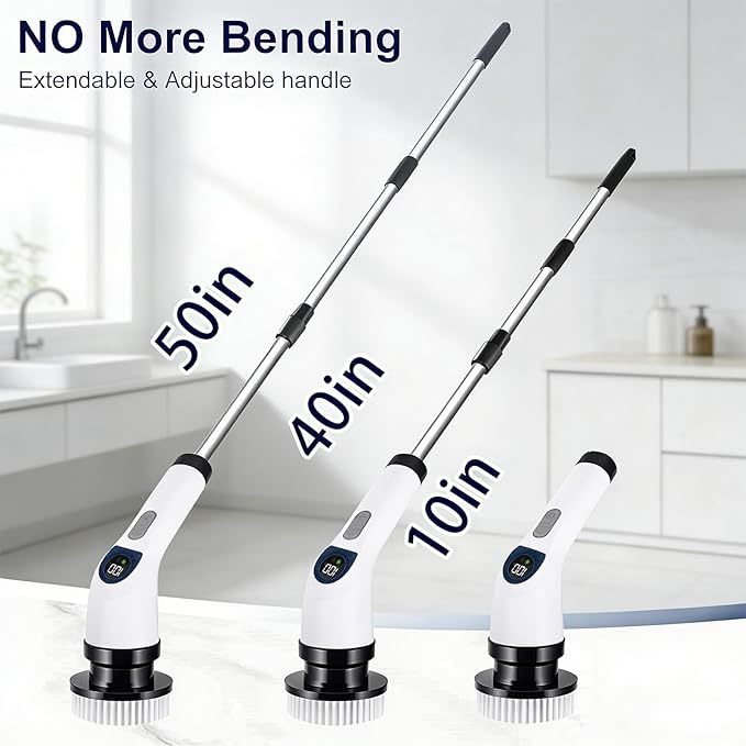 Cleanninja Electric Spin Scrubber for Cleaning, Adjustable Shower Brush with 7 Replaceable Heads & Power LED Display, 2 Speed Waterproof Cordless Shower Scrubber for Bathtub, Kitchen, Car, White