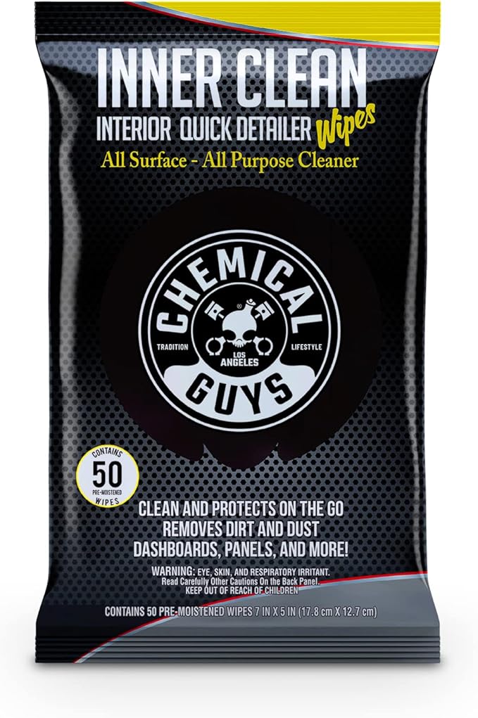 Chemical Guys InnerClean Interior Quick Detailer & Protectant Wipes – 50 Pack Multi Surface Interior Cleaner Wipes for Dashboards, Doors and Seats – Safe for Cars, Trucks, SUVs, RVs and Home Use